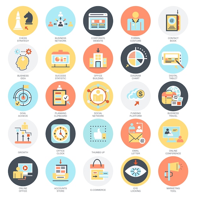 Flat conceptual icons set of doing modern business using marketing technology ideas. 