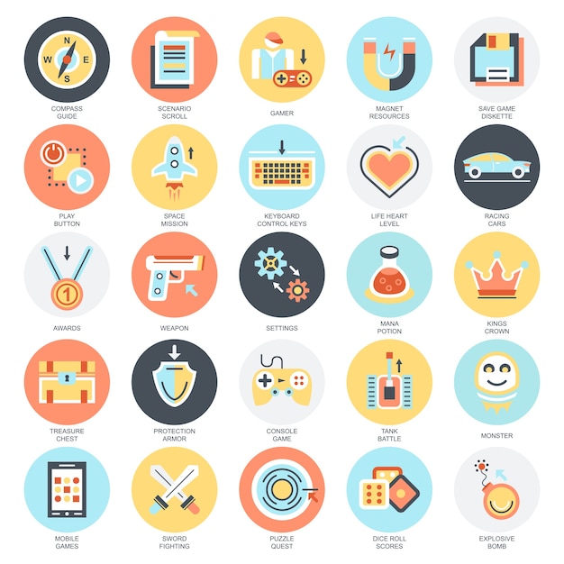 Flat conceptual icons set of game objects, mobile gaming elements.