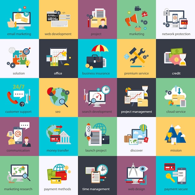 Flat conceptual icons set of seo monitoring and digital marketing, creative process
