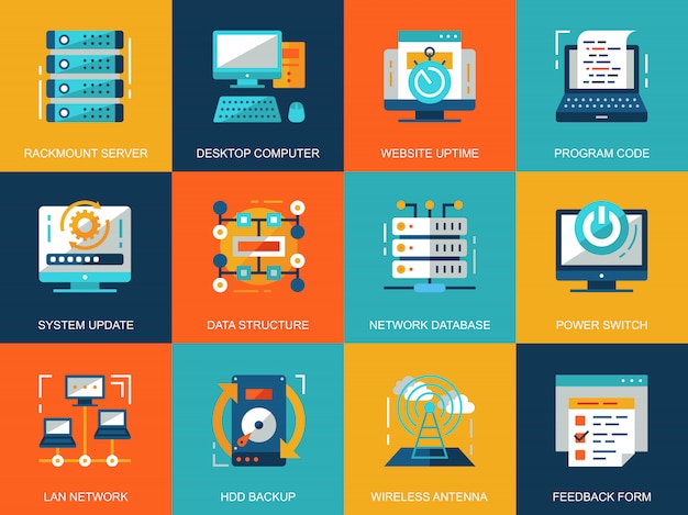 Flat conceptual network technology icons concepts set