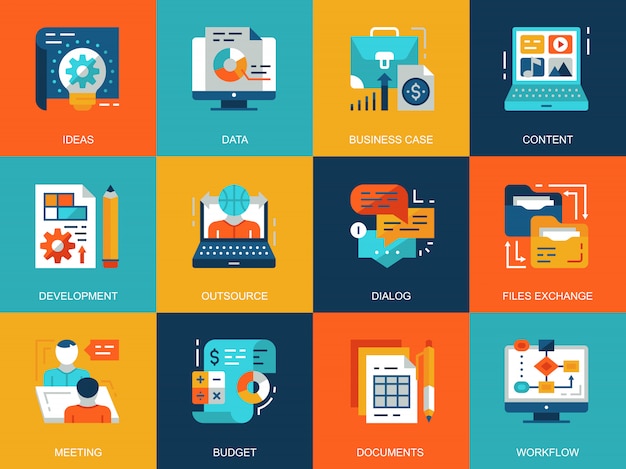 Flat conceptual project management icons concepts set