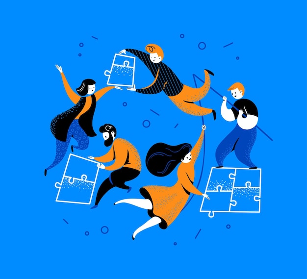 Vector flat connection concept with people putting together puzzle pieces isolated on blue background togetherness collaboration metaphor vector illustration