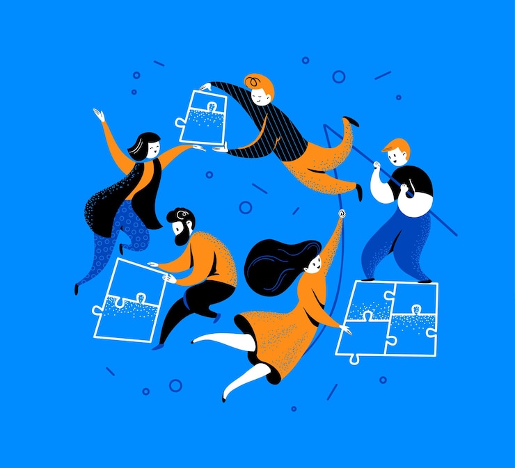 Vector 파란색 배경에 고립 된 퍼즐 조각을 함께 넣어 사람들과 평면 연결 개념 공생 협력 은유 벡터 일러스트 레이 션