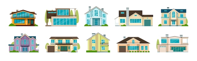 Плоские коттеджные дома, жилые виллы, современное загородное жилье, недвижимость, дом для продажи, загородный дом, резиденция, векторный набор недвижимости