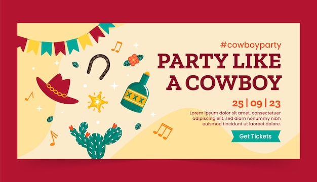 Flat cowboy party horizontal banner template