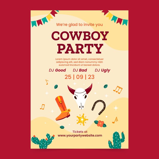 Flat cowboy party vertical poster template