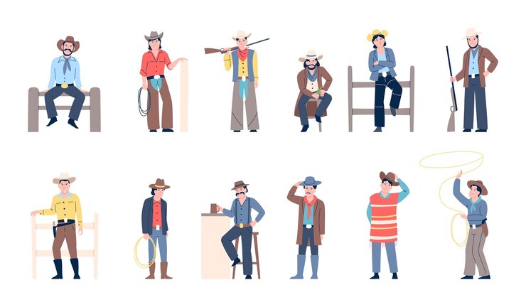 Vector flat cowboys men in cowboy costume in different poses wild west characters wear hats and stylish traditional texas outfits recent vector set