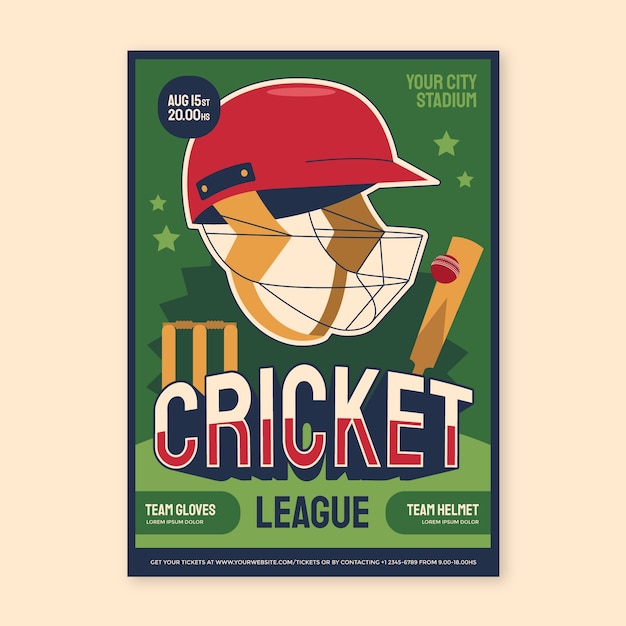 Vettore modello di poster verticale piatto per il cricket