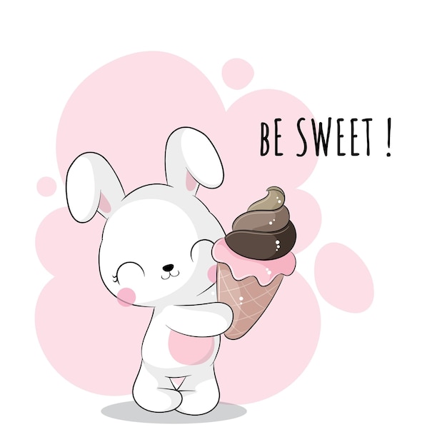 Flat cute animal bunny with ice cream illustration for kids. Cute bunny character