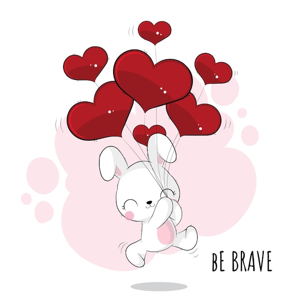 Flat cute animal bunny with red balloon illustration for kids. Cute bunny character