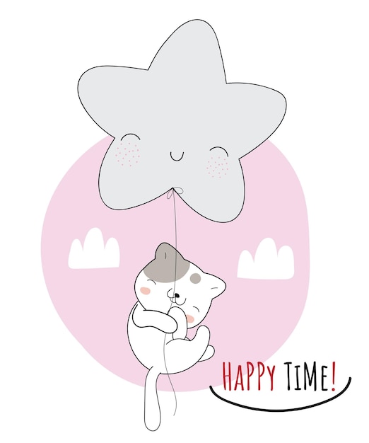 Flat cute animal cat flying with big star illustration for kids