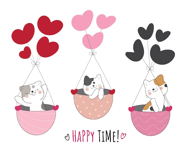 Flat cute animal cat flying with love red balloon illustration for kids