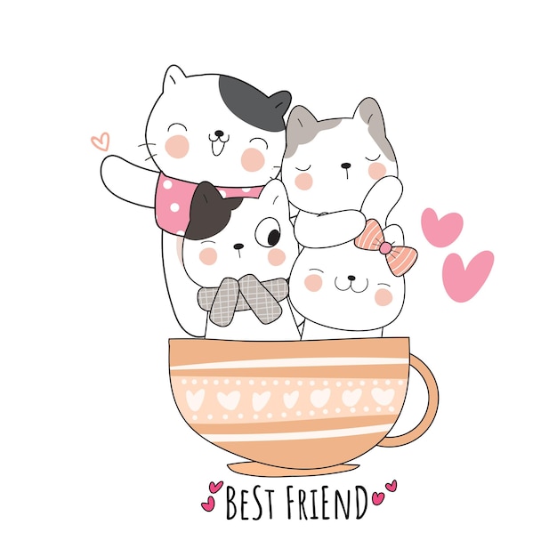 아이들을 위한 커피 컵 삽화에 친구와 함께 있는 평평한 귀여운 동물 고양이