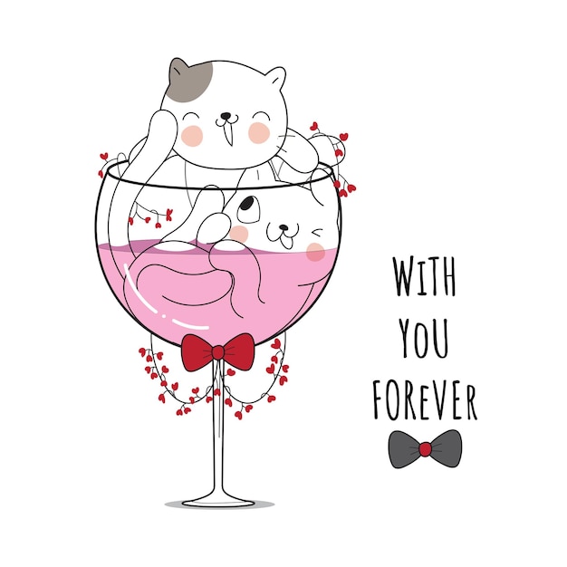 Flat cute animal cat with a friend on wine cup illustration for kids