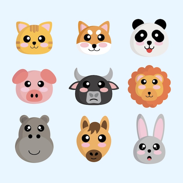 Vector flat cute animal head collection