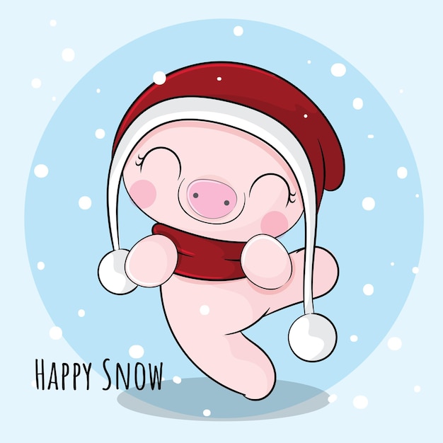 Flat cute animal little pig happy with snow illustration for kids. Cute pig character