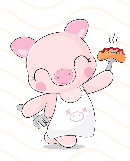 Vector flat cute animal pig happy cooking illustration for kids. cute pig character