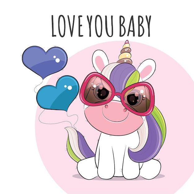 Flat cute animal pretty unicorn with glasses illustration for kids. Cute unicorn character