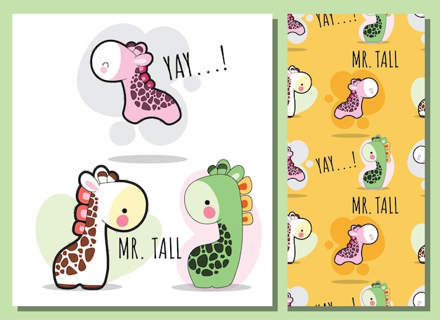 Flat cute baby giraffe illustration for kids and pattern set