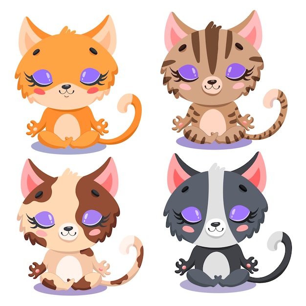 Vector flat of cute cartoon cats meditation. yoga cats. farm animals meditate.