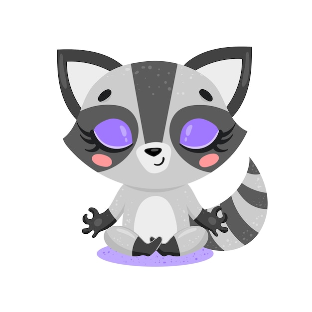  flat cute cartoon doodle raccoon meditation. Forest animals meditate. Animals yoga