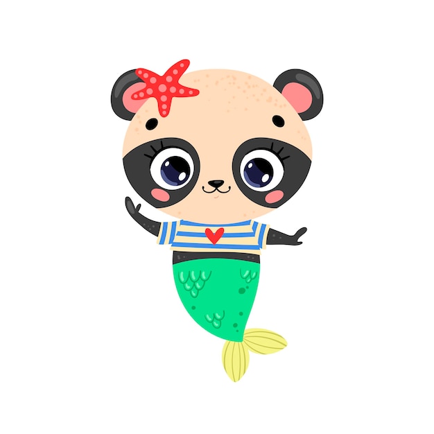 Flat cute cartoon panda mermaid. summer tropical animals