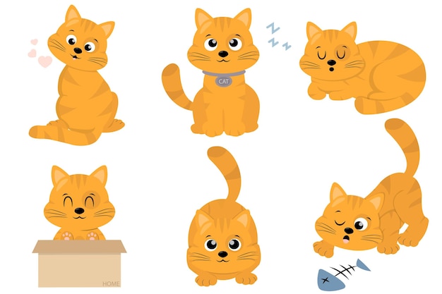 Vector flat cute ginger cats collection