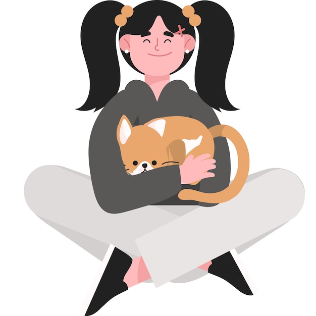 Vector flat cute girl with cat