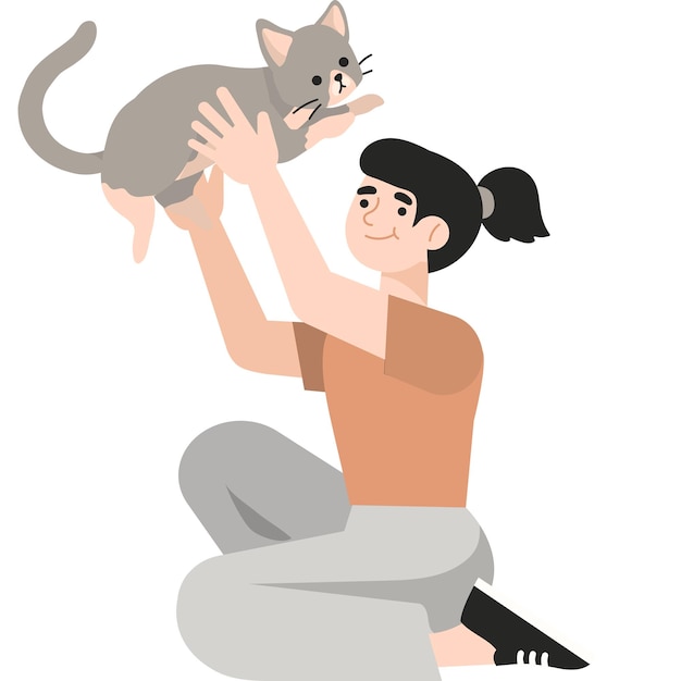 Плоская милая девушка с кошкой