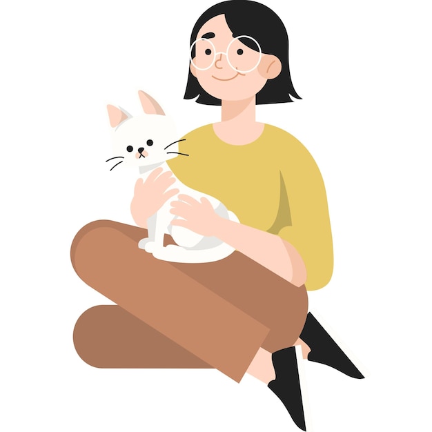 고양이와 함께 편평한 귀여운 소녀