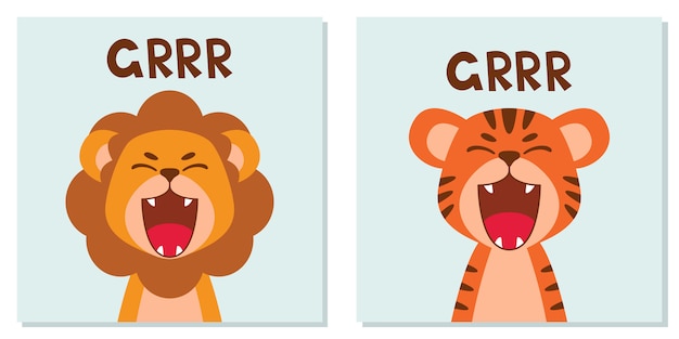 Flat cute lion and tiger open mouth roar. trendy scandinavian style. cartoon animal character isolated on background.