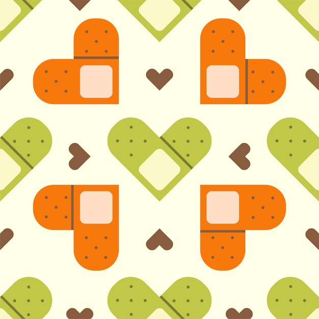 Vector flat cute seamless pattern of medical plaster with hearts