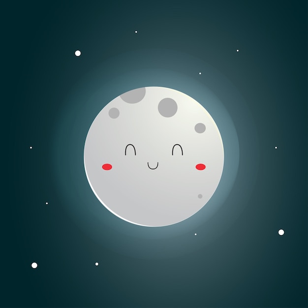 Вектор Плоская милая улыбающаяся луна ночью