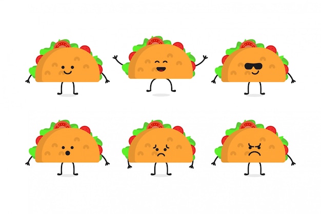 Vector flat cute tacos food character illustration set