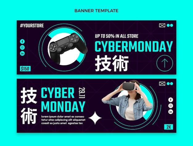 Flat cyber monday horizontal banners set