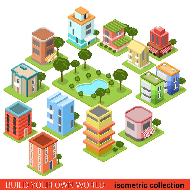 flat d isometric building block small business square park
