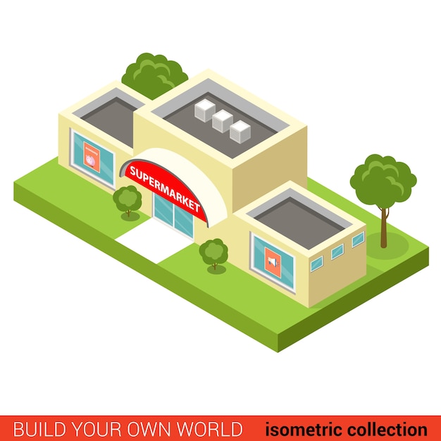 Flat d isometric city supermarket building block infographic concept
