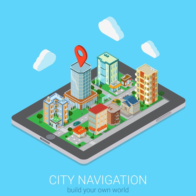 Piatto d isometrico creativo mobile città navigazione web infografica concetto