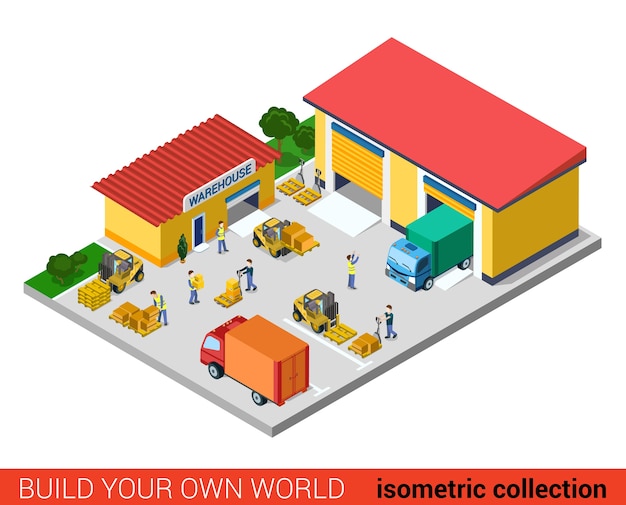 Flat d isometric creative modern warehouse building block info graphic concept