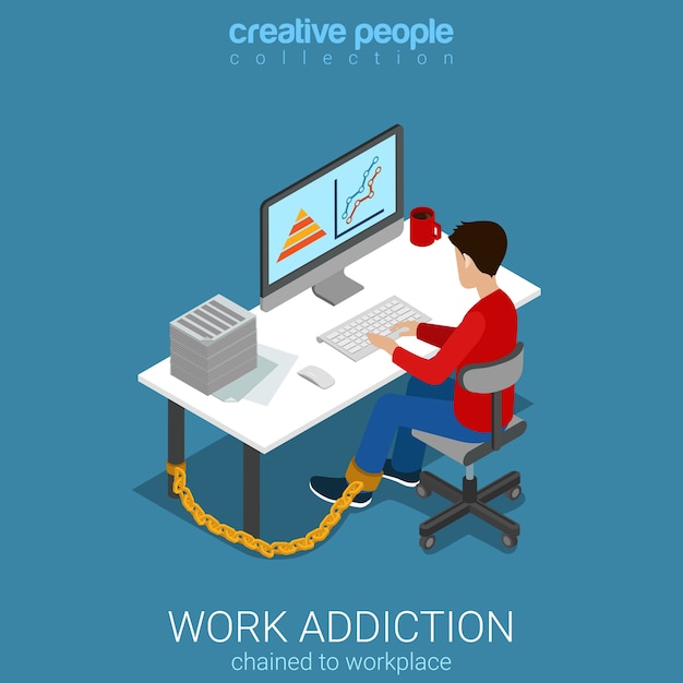 Flat d isometric style work addiction business concept web infographics vector illustration man worker chained to table working with computer creative people collection