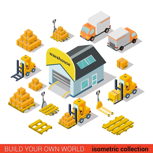 Piatto d isometrica magazzino consegna edificio trasporto concetto infografico