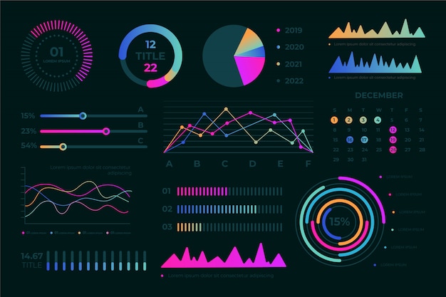 Flat dashboard element collection  with colorful  infographics.