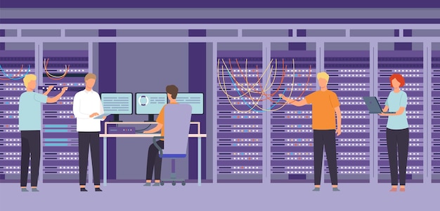 Vettore sala data center piatta con amministratori di sistema, assistenza e riparazione server. scena vettoriale della tecnologia di archiviazione di database e web hosting