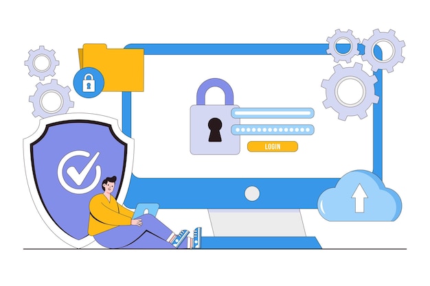 Плоская концепция защиты данных с человеческими персонажами Стиль контурного дизайна минимальная векторная иллюстрация для целевой страницы веб-баннер инфографика изображения героев