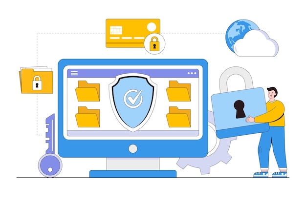 人々のキャラクターのコンセプトによるフラットなデータ保護ランディングページのウェブバナーインフォグラフィックヒーロー画像のアウトラインデザインスタイルの最小限のベクトルイラスト