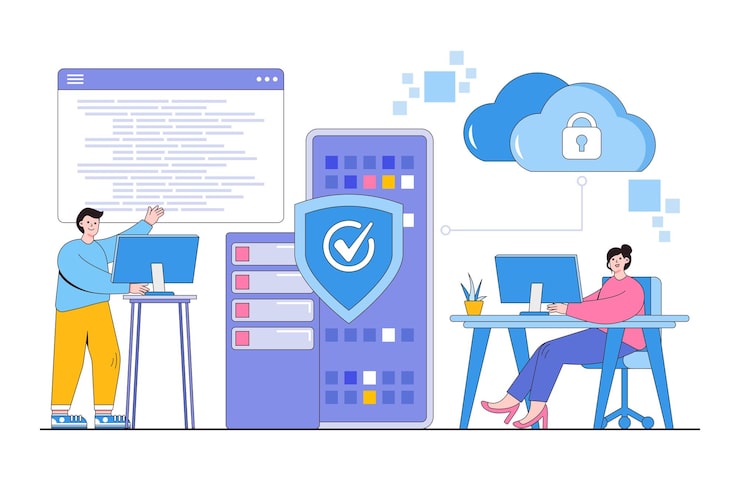 Vector flat database programmer with programming languages css html it ui developing coding concept outline design style minimal illustration for landing page web banner infographics hero images
