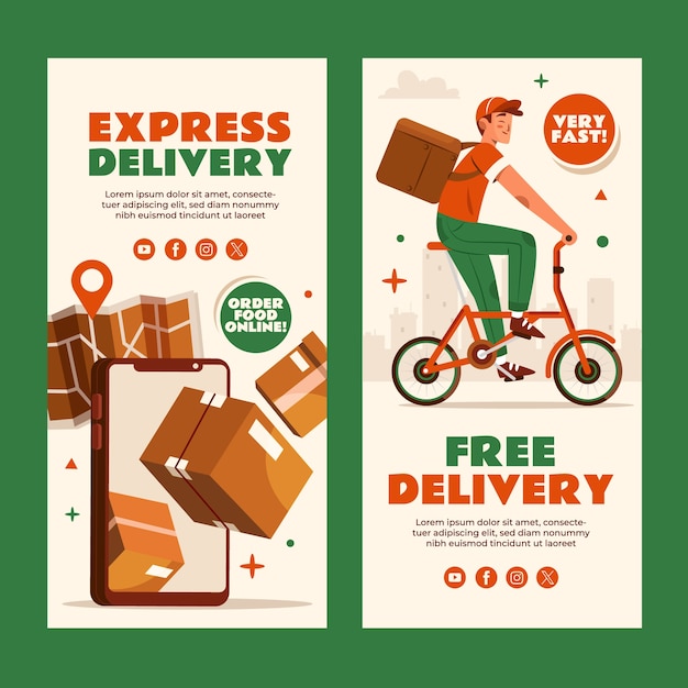 Flat delivery vertical banner template collection with a delivery man and a smartphone