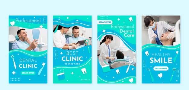 Vettore collezione di storie di instagram di clinica dentale piatta