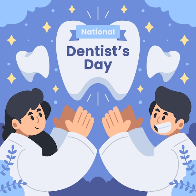 Flat Dentist day Illustration tomatology doctor with tooth protection healthy treatment