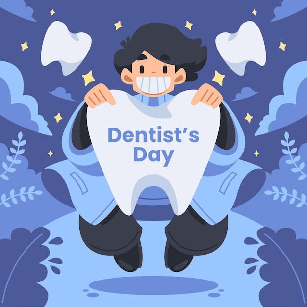 Flat dentist day illustration tomatology doctor with tooth protection healthy treatment